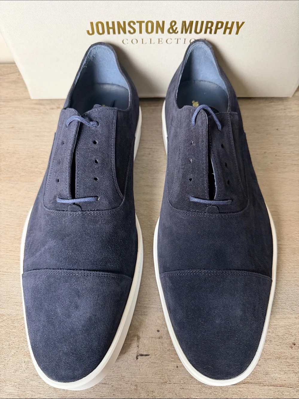 Johnston & Murphy Navy Italian Suede Bolivar Cap Toe with White Sole